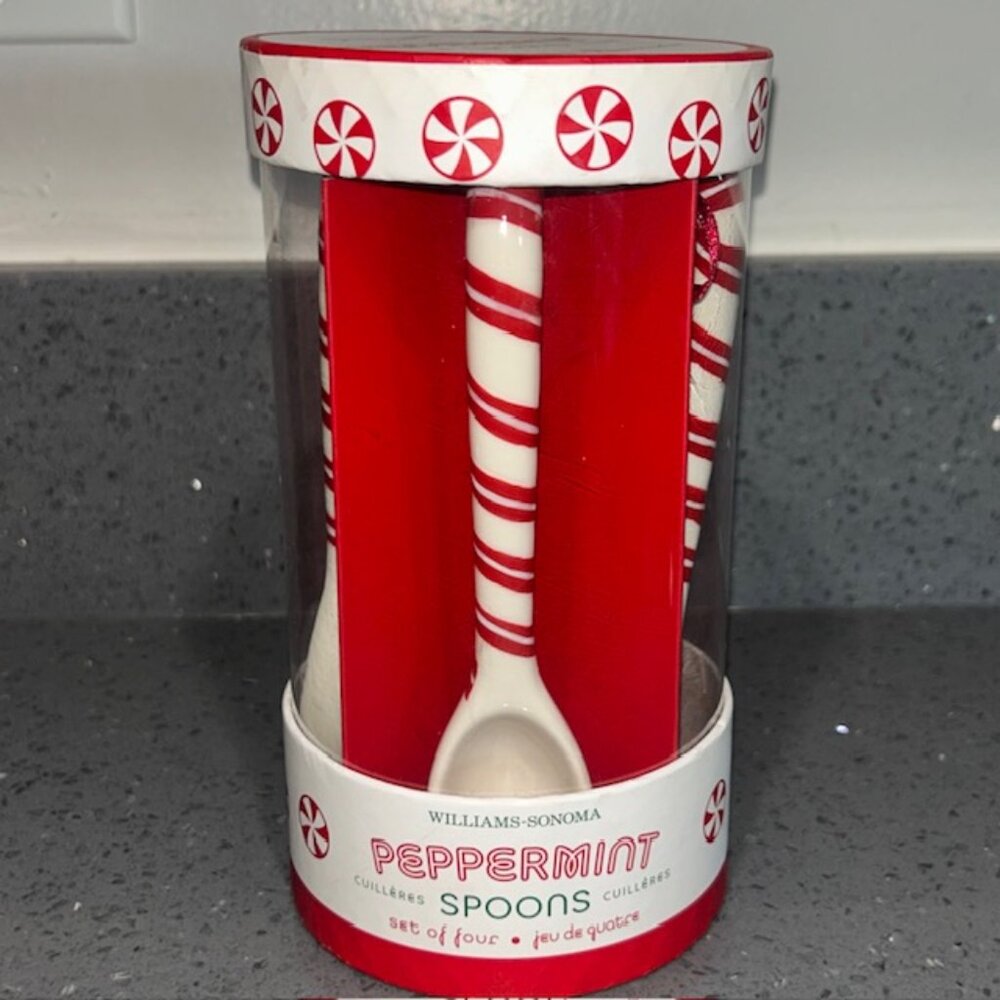 Williams Sonoma Peppermint Spoons Set of Four 6-inch Porcelain Christmas. NEW